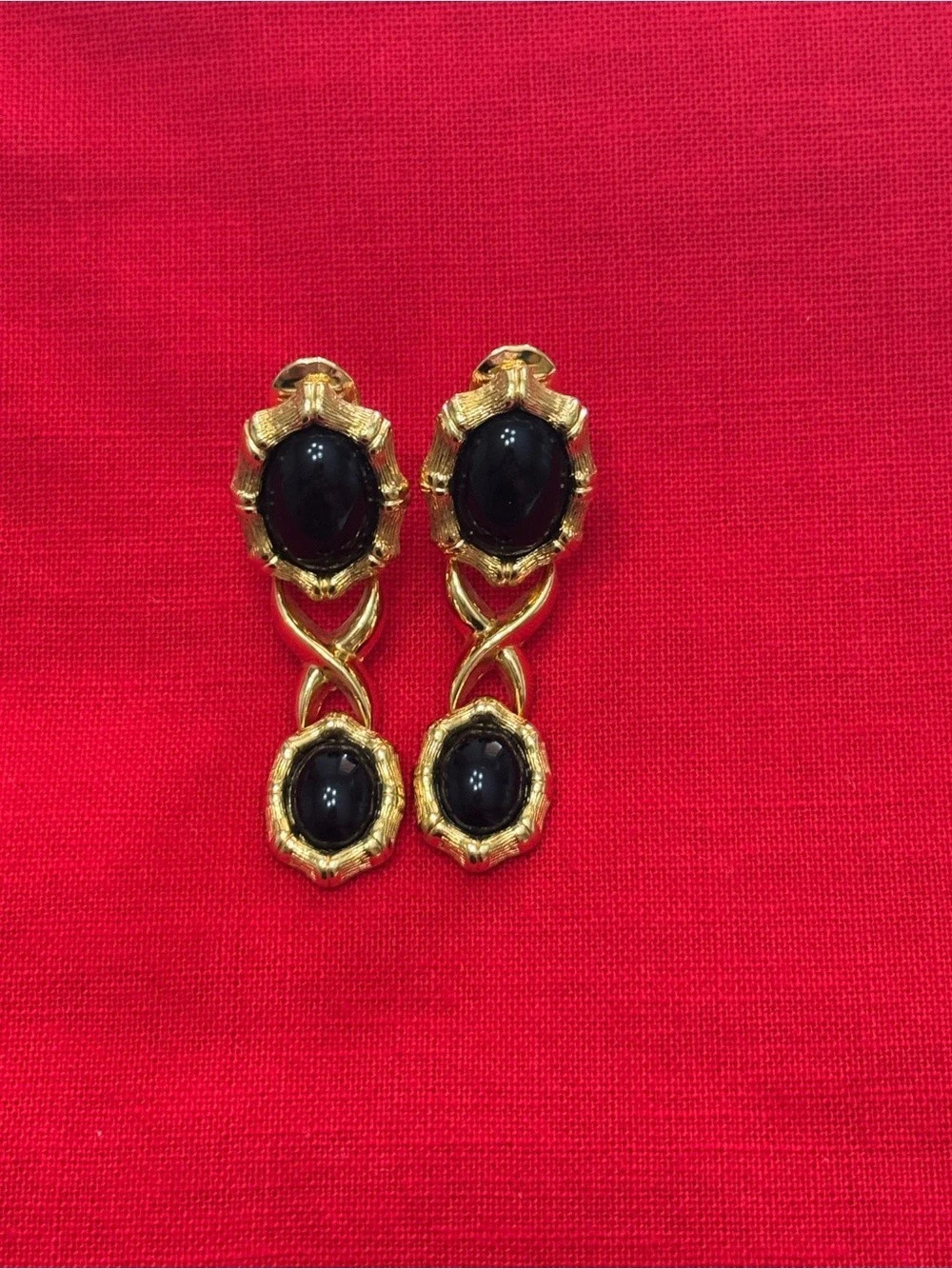 Monet Black Oval Drop Clip-On Earrings - Vintage